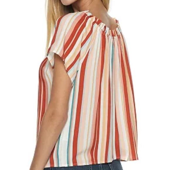 Pink Republic Juniors'  Ruched Neck Rust Ivory Blue Multi Color Strips Top Large - Picture 3 of 14